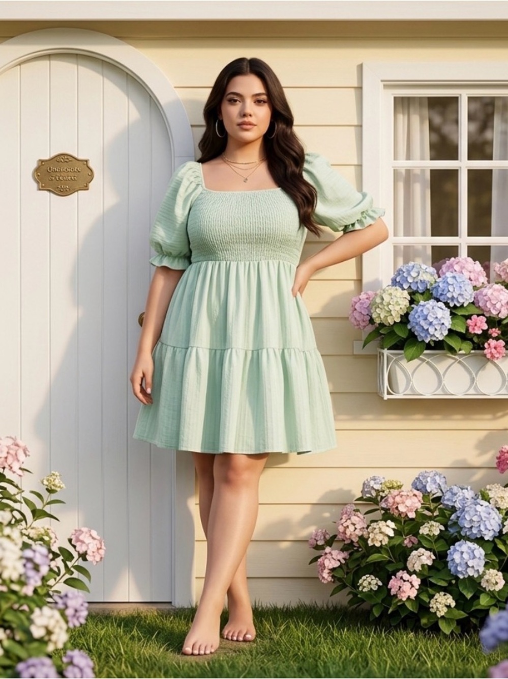 Smocked Square Neck Puff Sleeve Dress - Mint Green